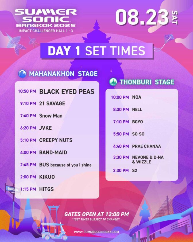 Line Up งาน ซัมเมอร์โซนิคแบงคอก วันที่ 1