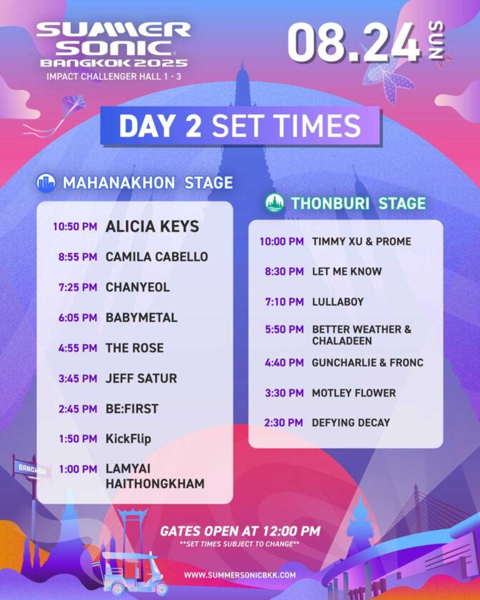 Line Up งาน ซัมเมอร์โซนิคแบงคอก วันที่ 2